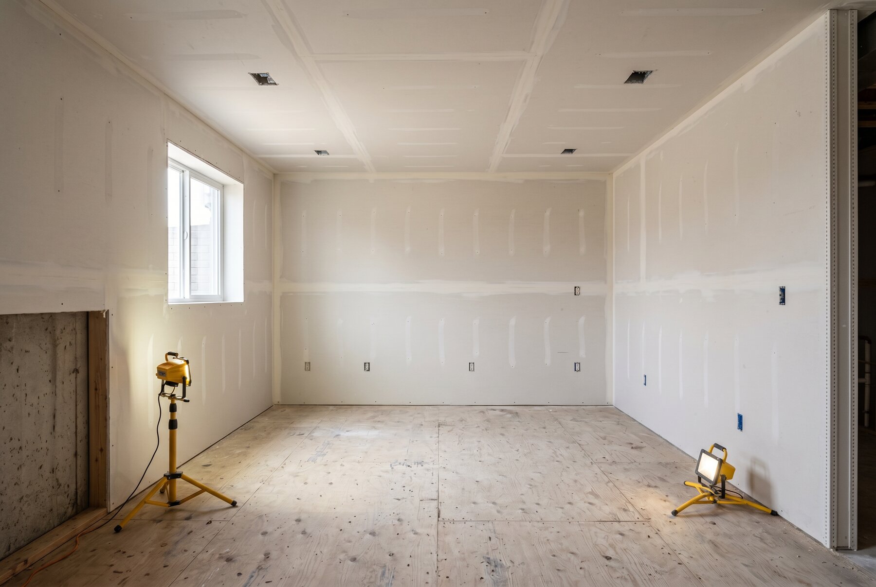 Même sous-sol avec le gypse posé et les joints tirés
