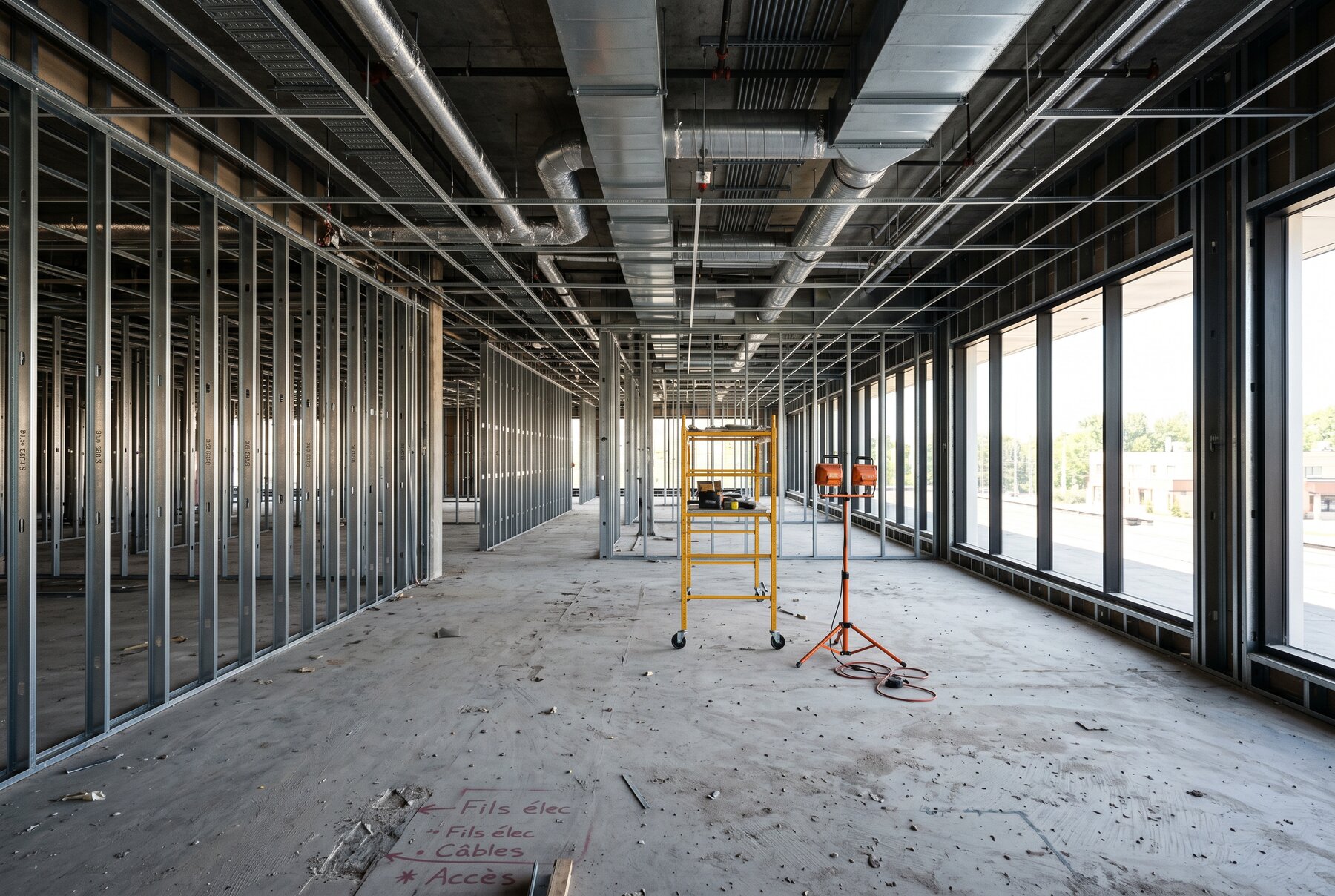 Aire commerciale au cadrage d'acier — montants et gaines apparents