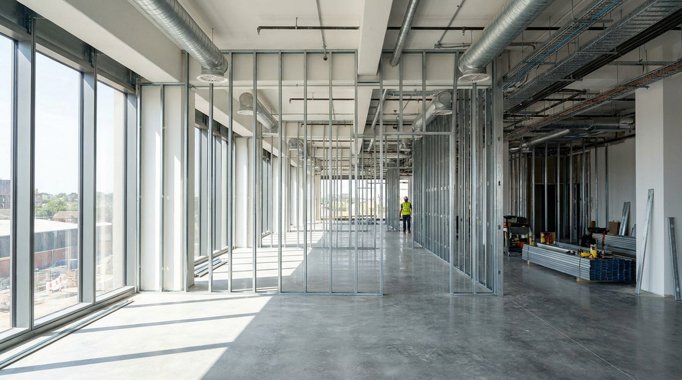 Chantier commercial — cadrage d'acier et cloisons